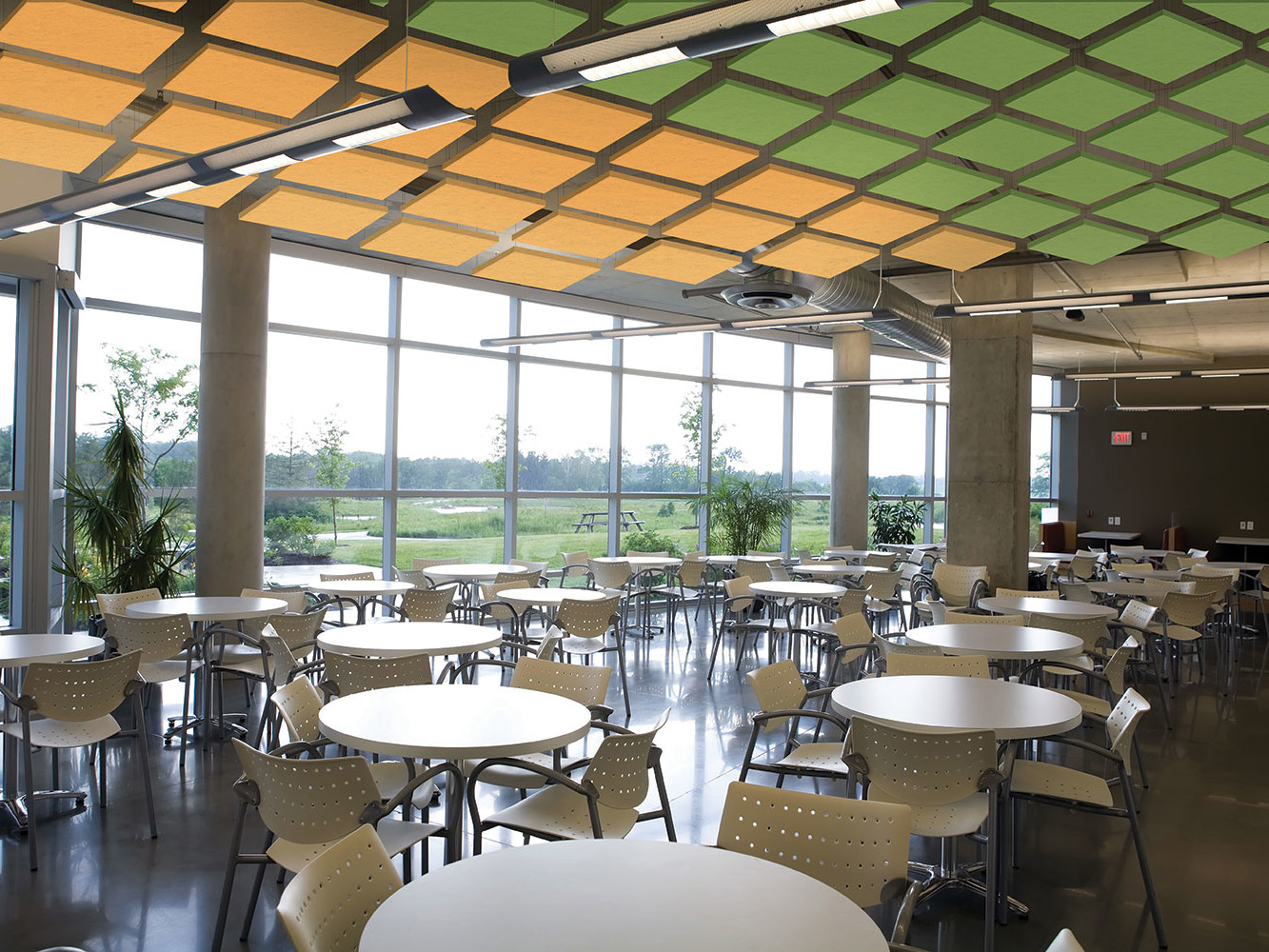 cafeteria, ceiling, clouds