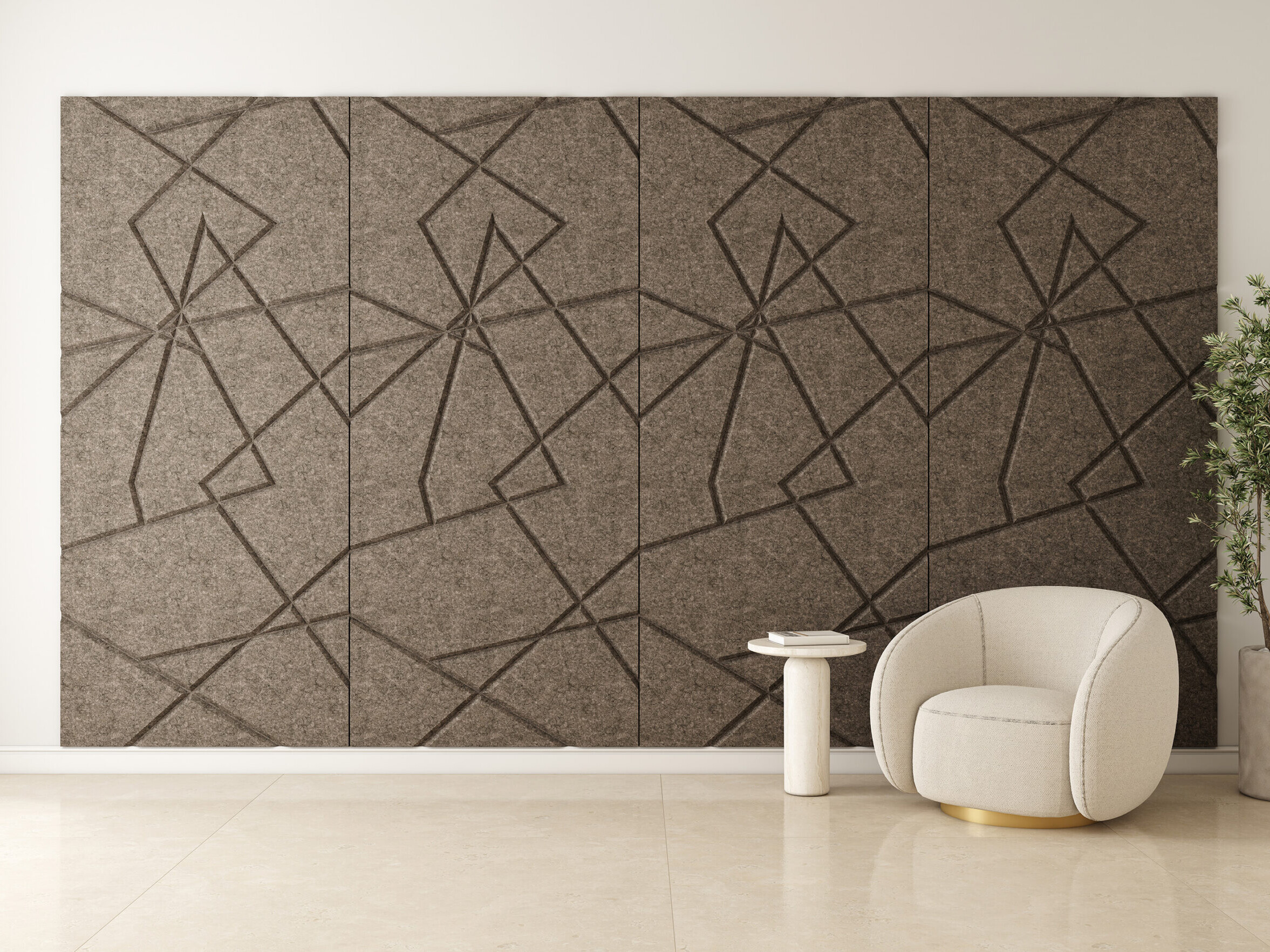 CHIZEL PET acoustic wall panels with 45-degree angled reveals